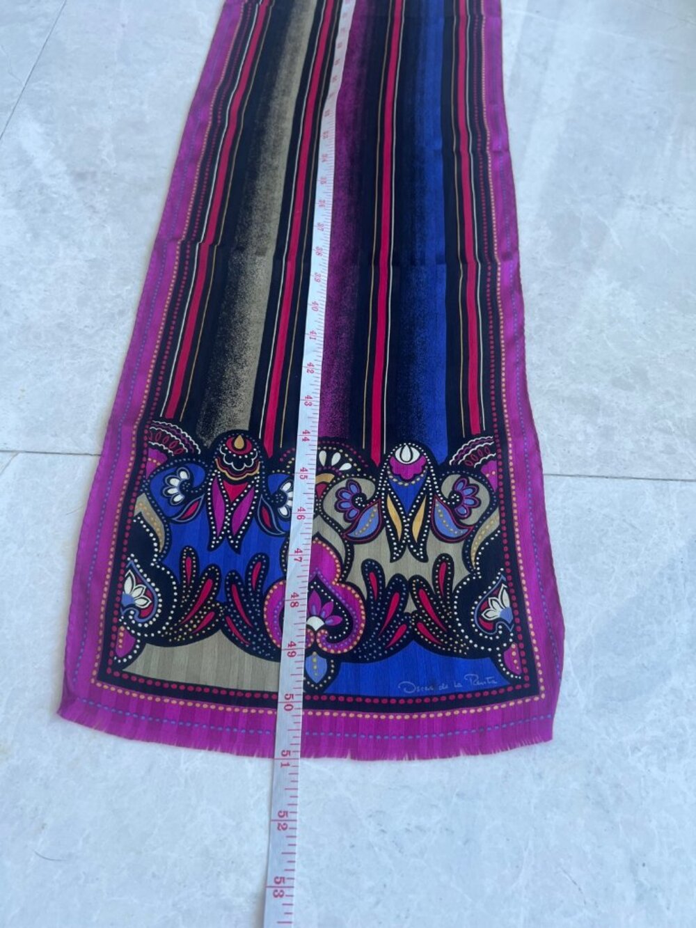 Oscar de la Renta Oblong Scarf 51" x 10" | Purple Paisley Border | Signature